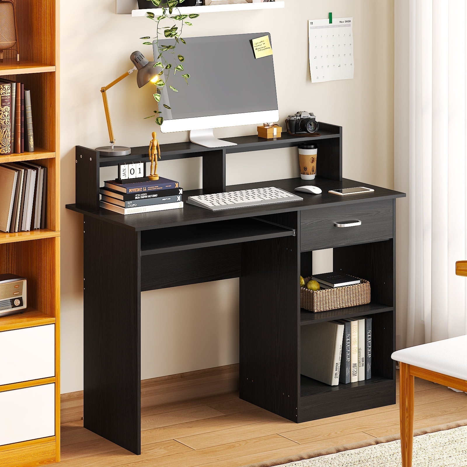 Wood Computer Desk Office Black Laptop PC Work Table Home Drawer & Keyboard Tray