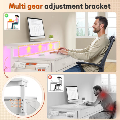 Computer Desk with LED Lights, 2 Fabric Drawers & Side Pocket, Small Desk with Monitor Stand for Home Office, Gaming, Small Spaces, White