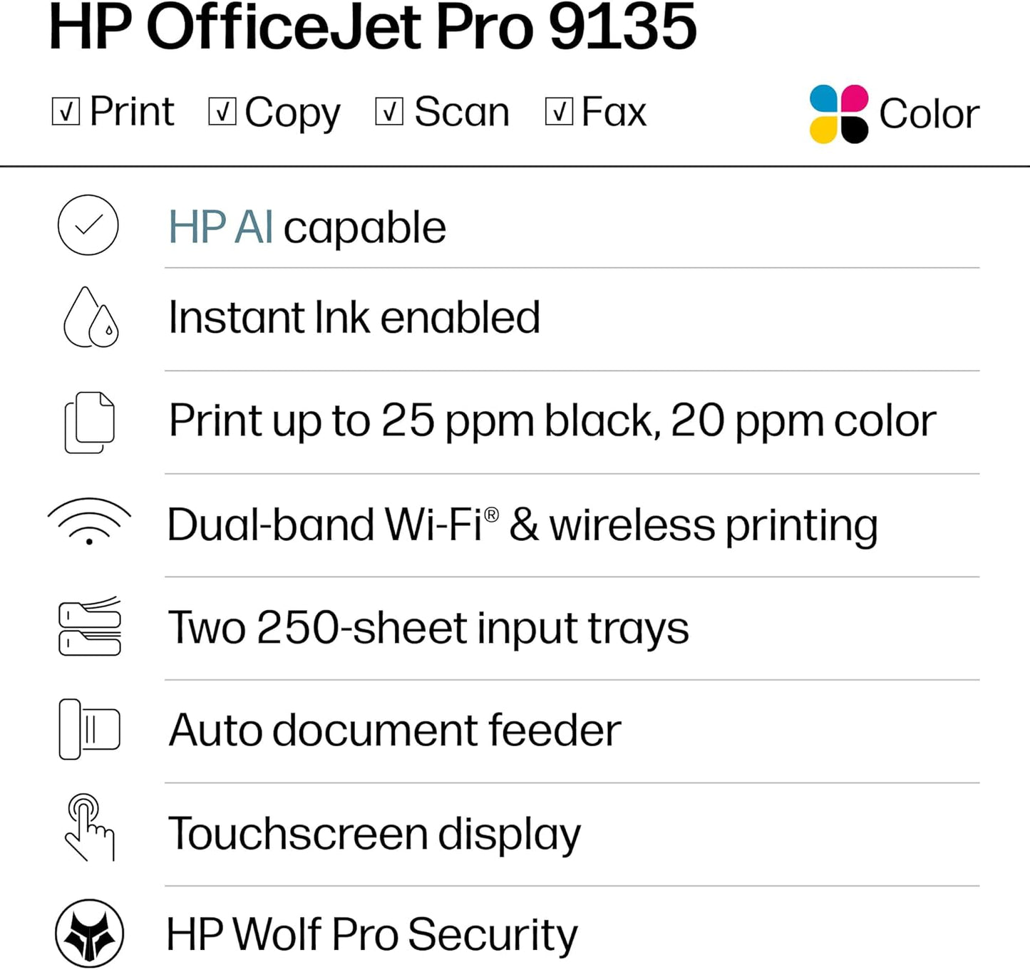 HP Officejet Pro 9135 Wireless All-In-One Color Inkjet Printer, Print, Scan, Copy, Fax, ADF, Duplex Print/Scan, Best-For-Office, 3 Month Trial of Instant Ink Included, Ai-Capable (C2WM0A)