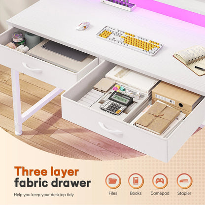 Computer Desk with LED Lights, 2 Fabric Drawers & Side Pocket, Small Desk with Monitor Stand for Home Office, Gaming, Small Spaces, White