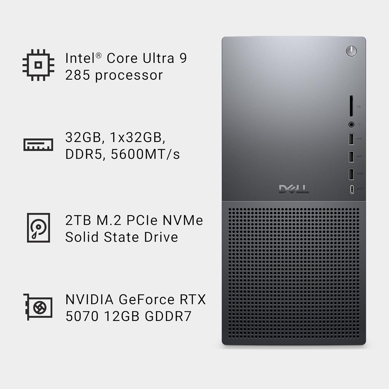 Dell Tower plus Desktop EBT2250 - Intel Core Ultra 9-285 Processor, 32GB DDR5 RAM, 2TB SSD, NVIDIA Geforce RTX 5070 12GB GDDR7, Intel Wi-Fi 7, Windows 11 Home, Onsite Service - Black