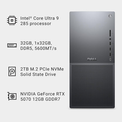 Dell Tower plus Desktop EBT2250 - Intel Core Ultra 9-285 Processor, 32GB DDR5 RAM, 2TB SSD, NVIDIA Geforce RTX 5070 12GB GDDR7, Intel Wi-Fi 7, Windows 11 Home, Onsite Service - Black