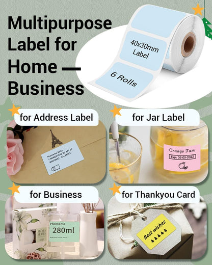 Phomemo Sticker Labels 1.57"X1.18"(40X30Mm) 6 Rolls, for M110/M110S/M120/M200/M220 Printer - Pink/Blue/Khaki/Green/Yellow/Purple, for Small Business, Home, Office, 230 Labels/Roll