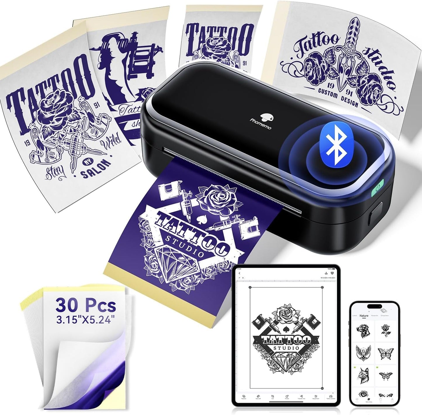 Phomemo Tattoo Stencil Printer -TP31 Mini Tattoo Maker with 30Pcs Transfer Paper,Small Portable Tattoo Machine for Beginners/Enthusiast/Artists,Easy to Use with Smartphone,Pad- Black