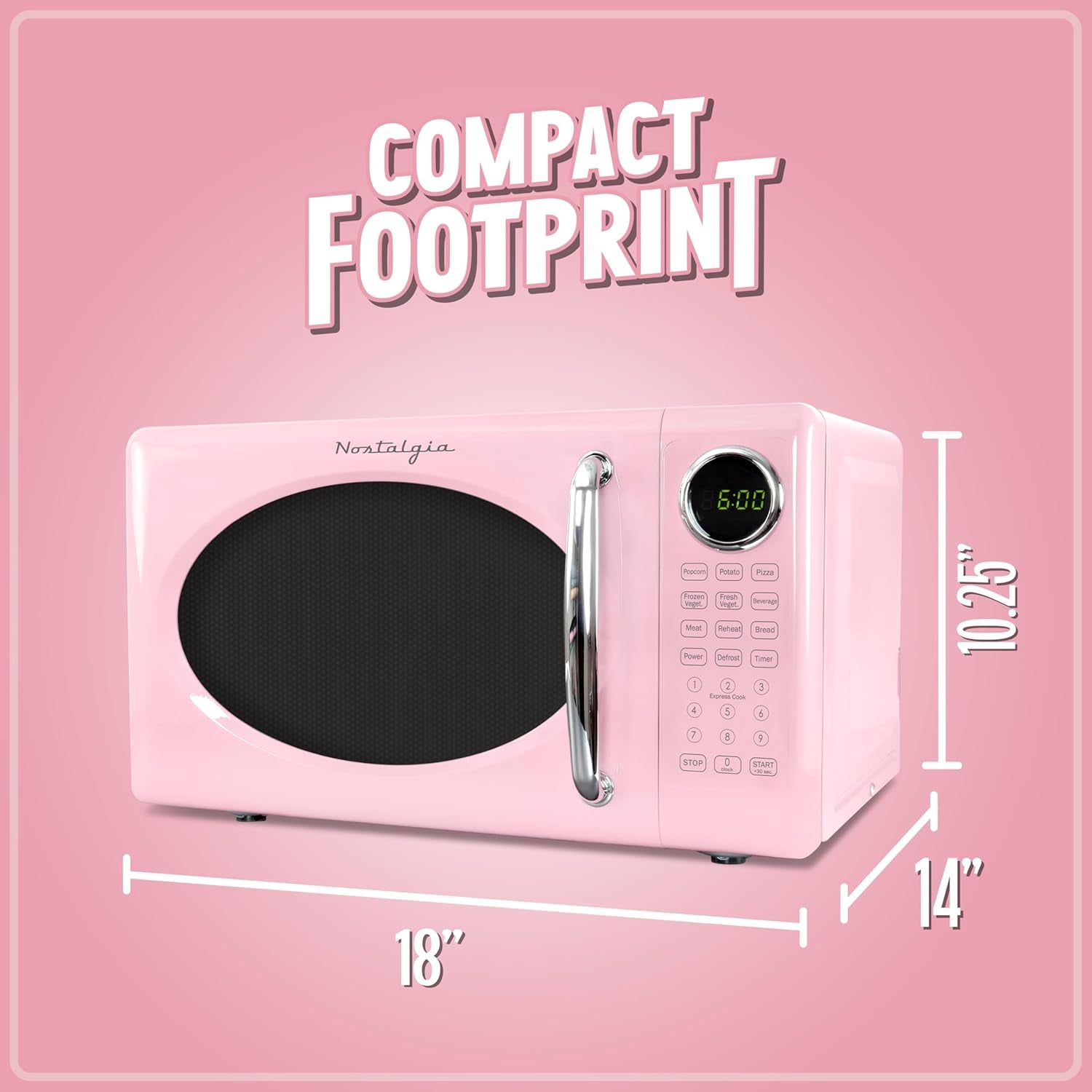 Nostalgia Retro Microwave Oven - 0.7 Cu Ft, 700-Watt Countertop Size with Glass Turntable, Child Safety Lock, 8 Auto-Cook Programs, Digital Clock - Pink