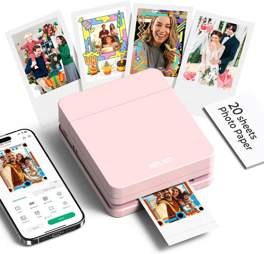 Nelko Photo Printer, PP01 Color Mini Portable Printer, Instant Smartphone Inkjet Printer, Sticky-Back Rechargeable Portable Picture Printer for Ios & Android, for Christmas Family, Pink