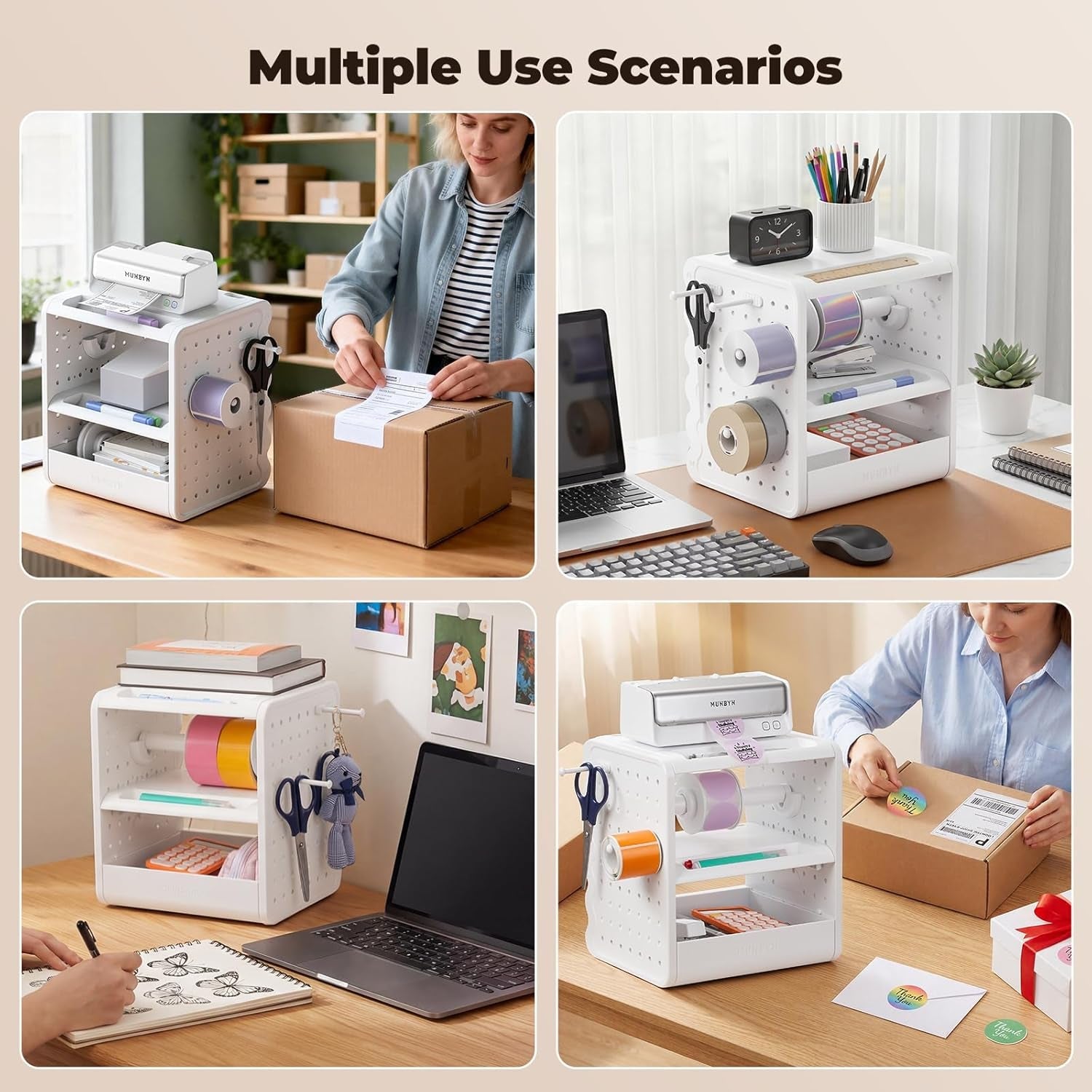MUNBYN ILH03 4X6 Thermal Label Holder, 5-In-1 Sticker Holder with 3-Tier Shelf, Drawer, Hooks & Pegboard, for Shipping Label Printing, Office, Small Business, Home
