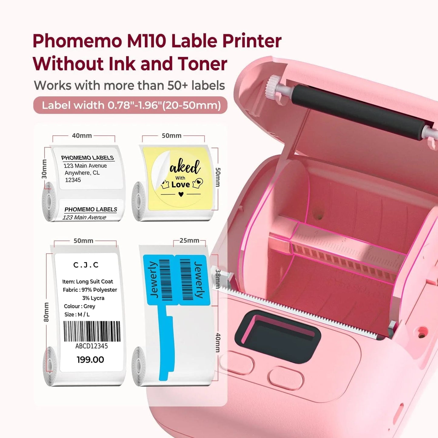 M110 Thermal Label Printer - Portable Bluetooth Address Label Maker for Small Business, Barcode & Retail, Compatible with Phones & PC (Pink)