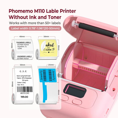 M110 Thermal Label Printer - Portable Bluetooth Address Label Maker for Small Business, Barcode & Retail, Compatible with Phones & PC (Pink)