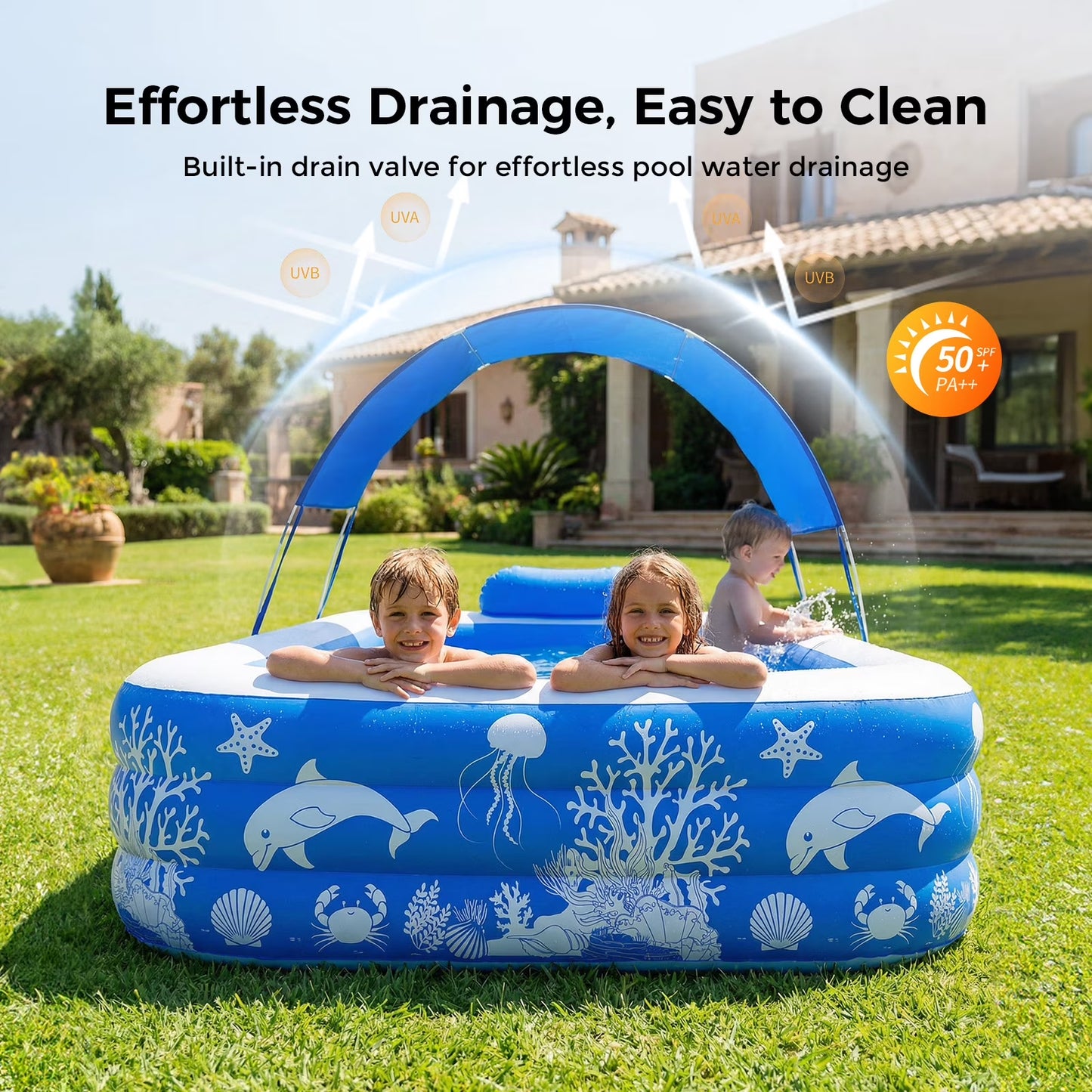 Inflatable Pool with Canopy, Family Size Swimming Pool Thickened Kiddie Pool for Kids Children Family Outdoor, 120'' X 68'' X 57''