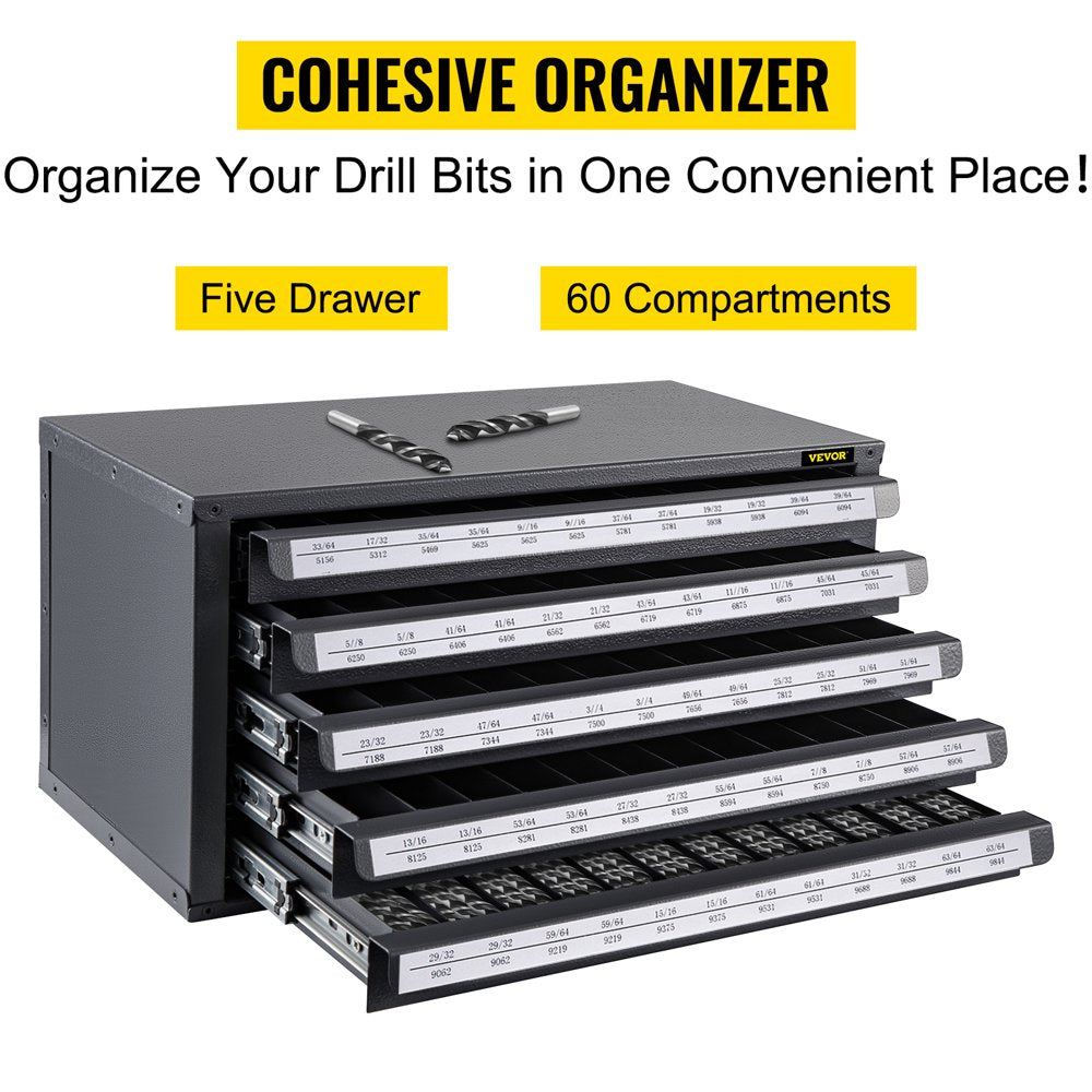 Drill Bit Dispenser Cabinet, Five-Drawer Drill Bit Dispenser, 1/2" Reduced Shank Drill Bit Organizer Cabinet, Drill Dispenser Organizer Cabinet for Sizes 33/64" to 63/64" in 1/64" Increments