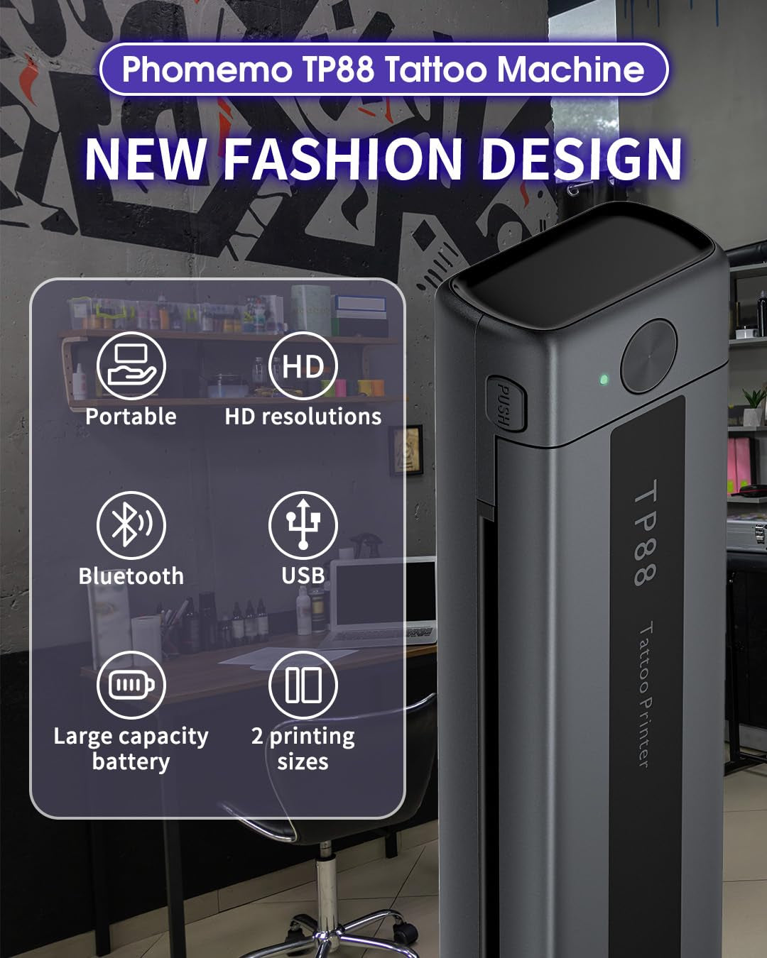 Phomemo TP88 Tattoo Transfer Stencil Printer- Thermal Tattoo Printer with 10Pcs Transfer Paper, Bluetooth Tattoo Machine for Tattoo Artists, Compatible with Smartphone & PC