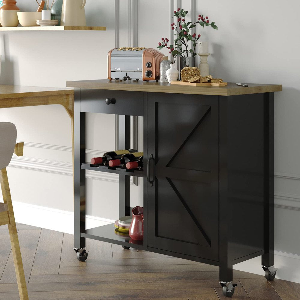 Farmhouse Kitchen Cart with Storage, Rolling Kitchen Cart on Wheels, Microwave Stand Coffee Cart, Black