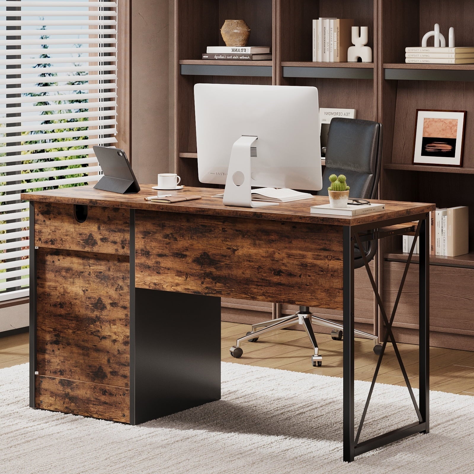 47 Inch Computer Desk with Storage File Drawer & Keyboard Tray, Home Office Writing Desk Work Study Table for Small Space, Rustic Brown