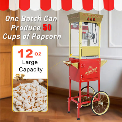 12OZ Popcorn Machine with Cart,  Movie Theater Popcorn Maker Machine with Stainless Steel Kettle, Tempered Glass, 8" Shelf, Popcorn Machine for Kids Party Home, Red