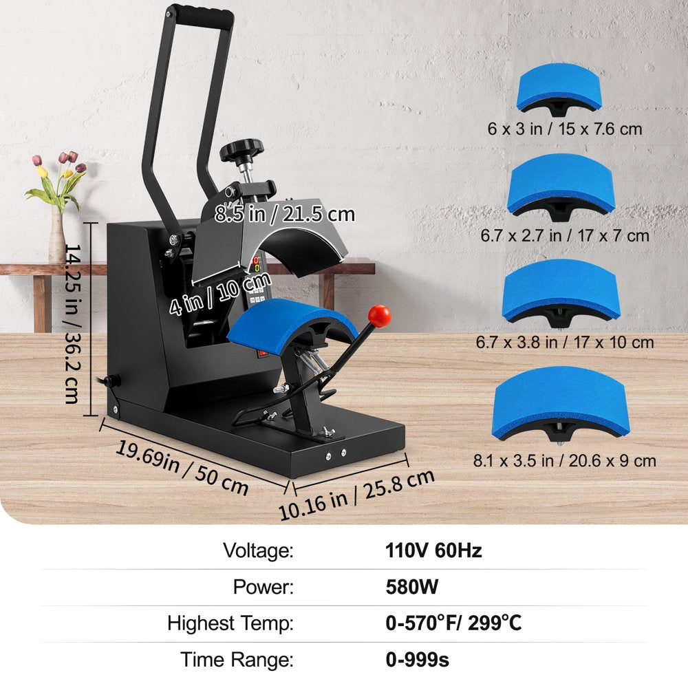 Hat Heat Press, 4-In-1 Cap Heat Press Machine, 6X3Inches Clamshell Sublimation Transfer, LCD Digital Timer Temperature Control with 4Pcs Curved Heating Elements (6X3/6.7X2.7/6.7X2.7/8.1X3.5)