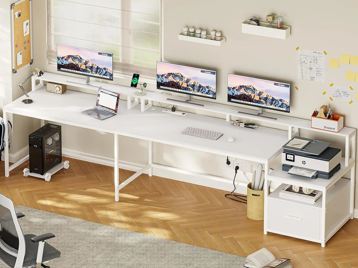 L Shaped Desk with LED Lights, Corner Computer Desk with File Drawer and Power Outlet, Gaming Desk for Home Office, White