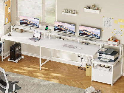 L Shaped Desk with LED Lights, Corner Computer Desk with File Drawer and Power Outlet, Gaming Desk for Home Office, White