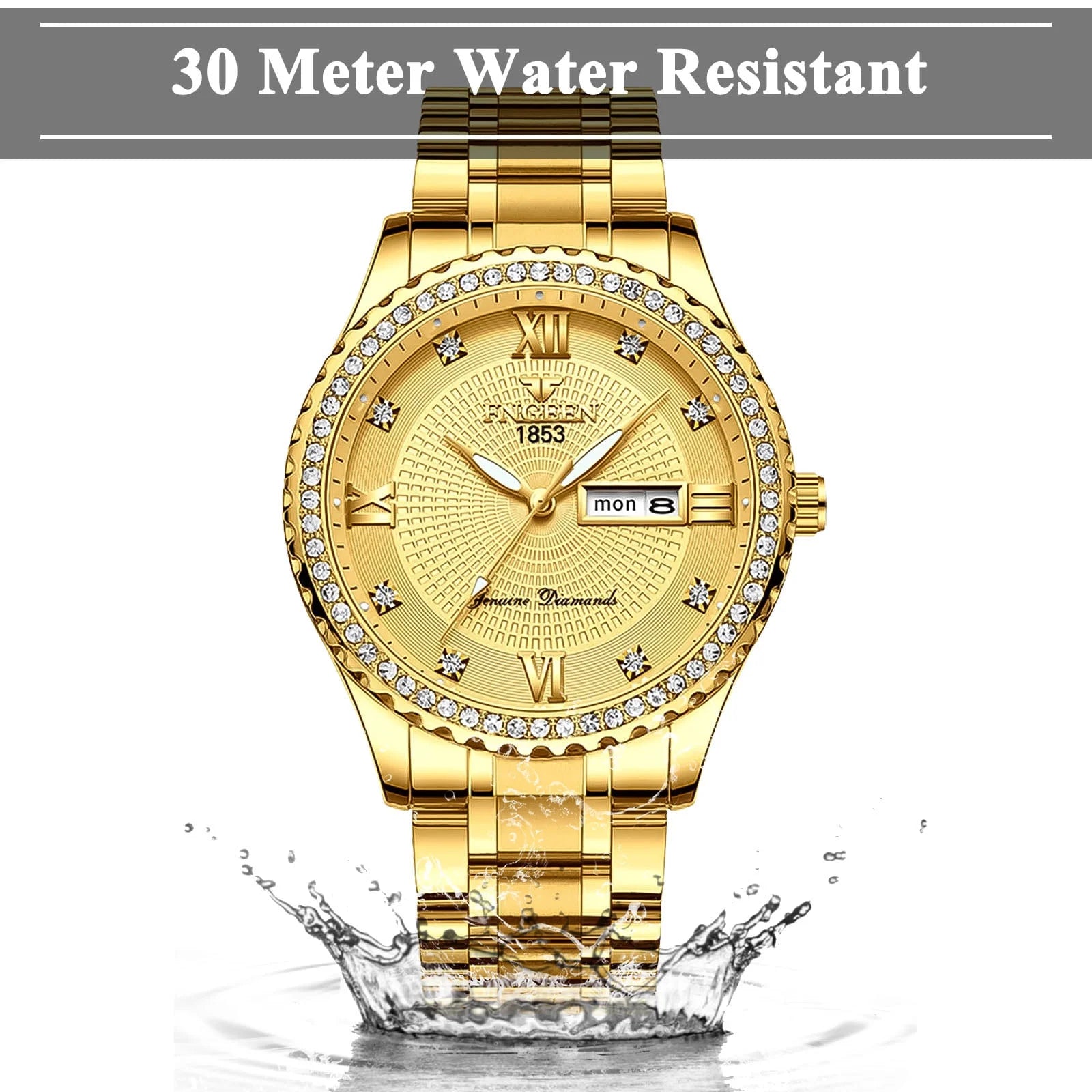 Classic Diamond Gold Watches for Men, Stainless Steel Waterproof Dress Watch, Men'S Quartz Analog Wristwatch