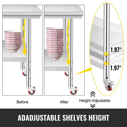 brand Stainless Steel Work Table 36X24 Inch with 4 Wheels Commercial Food Prep Worktable with Casters Heavy Duty Work Table for Commercial Kitchen Restaurant