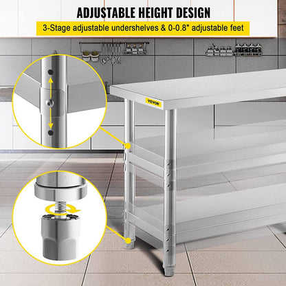 brand Outdoor Food Prep Table, 48 X 14 X 33 Inches Commercial Stainless Steel Table, 2 Adjustable Undershelf, Kitchen Work Table, for Garage, Home and Kitchen Silver