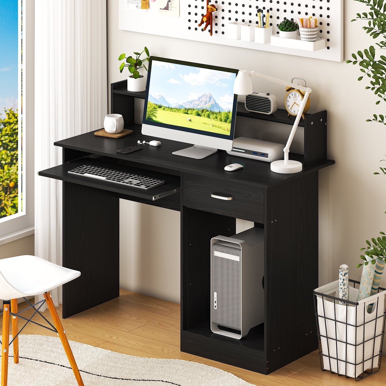 Wood Computer Desk Office Black Laptop PC Work Table Home Drawer & Keyboard Tray