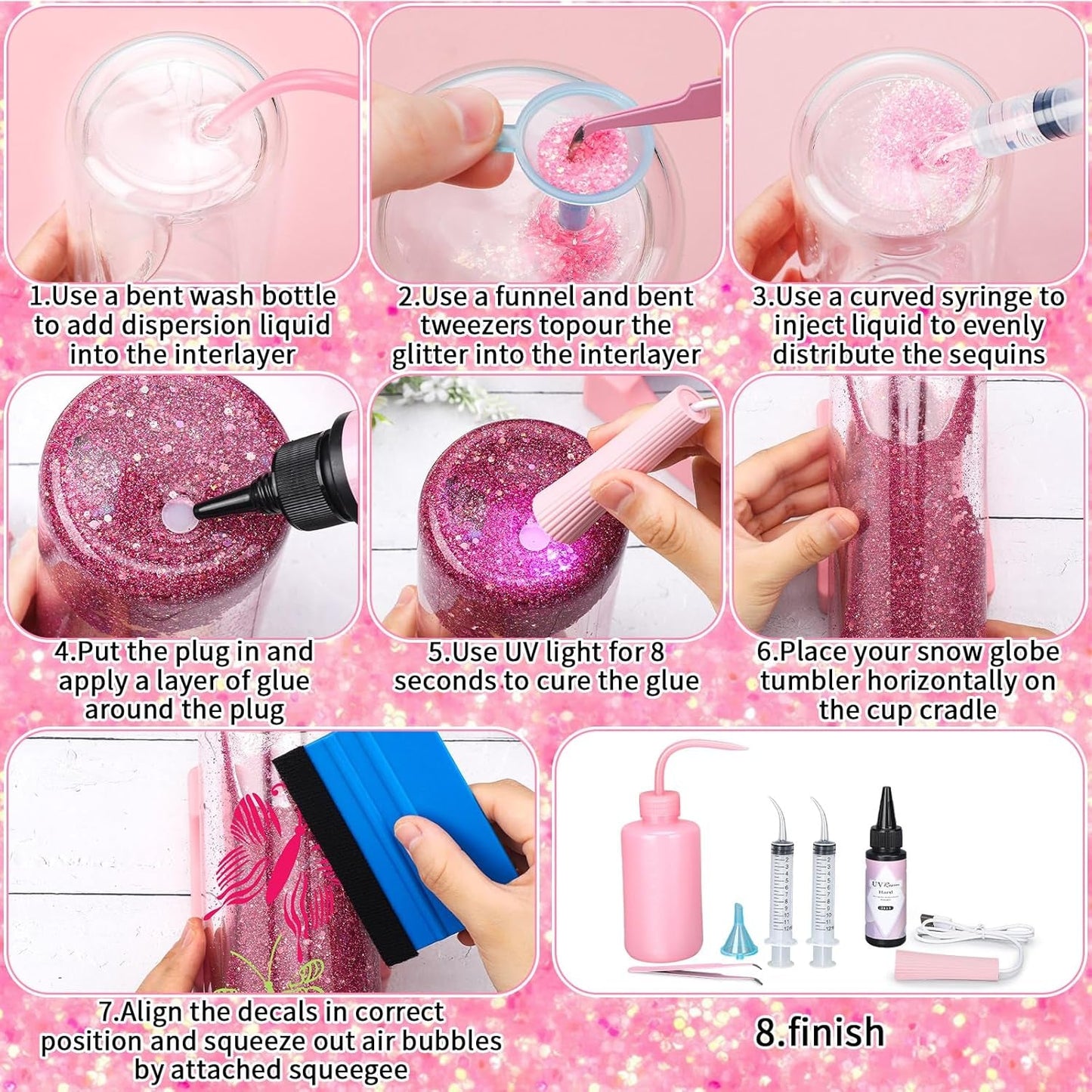 Meanplan 6 Pack DIY Plastic Snow Globe Tumbler Supplies Kit 16Oz Pre Drilled Double Wall Clear Cup 20 Colors Glitter Squeeze Bottle Funnel Tweezer Bent Syringe UV Resin Flashlight Cup Holder Scraper