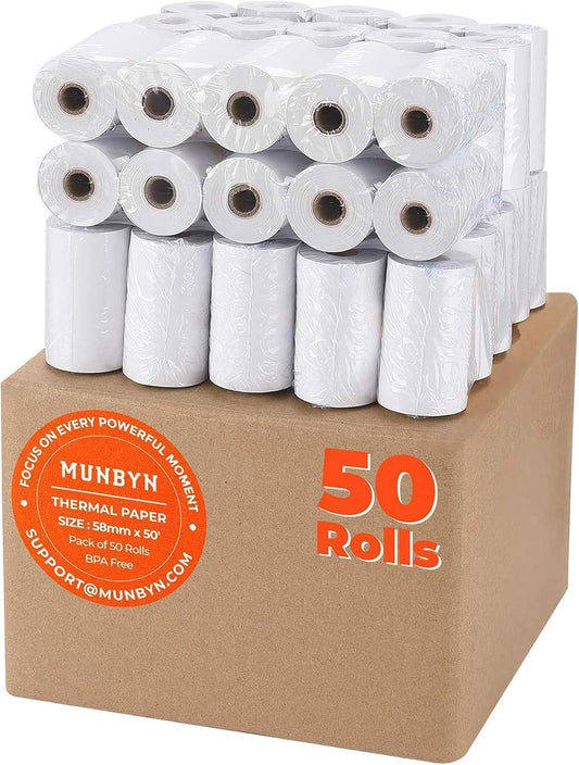 MUNBYN 2 1/4" Inch X 50'Ft Thermal Paper (50 Rolls), BPA Free Receipt Paper, 58Mm Thermal Receipt Papers Fits All 58Mm Thermal POS Printer, Square Terminal Credit Card Machines Printers Clearly