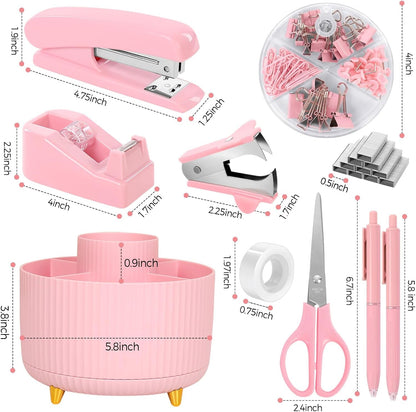 SKYDUE Pink Desk Accessories 10Pcs, Rotating Pen Holder for Desk, Stapler, Staple Remover, Tape Dispenser,2Pcs Tape Refills, Binder Paper Clips Kit, Scissor,Pink Office School Supplies