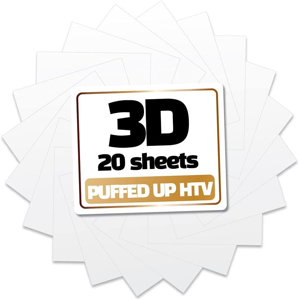 GIO-FLEX 3D Puffed-Up Heat Transfer Vinyl 10"X12"-20 Sheets White Color HTV Adhesive Iron-On Transfer DIY Design T-Shirt Compatible with Cricut and Silhouette Cameo Heat Press Machine Easy to Weed Cut