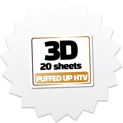 GIO-FLEX 3D Puffed-Up Heat Transfer Vinyl 10"X12"-20 Sheets White Color HTV Adhesive Iron-On Transfer DIY Design T-Shirt Compatible with Cricut and Silhouette Cameo Heat Press Machine Easy to Weed Cut