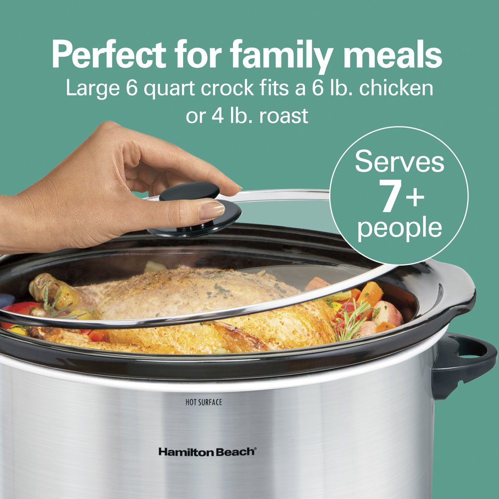 Portable Slow Cooker, 6 Quart Capacity, Removable Crock, Silver, 33167