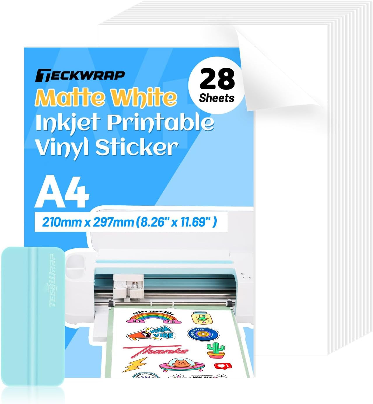 Printable Vinyl Sticker Paper for Inkjet Printer Matte White Printable Sticker Paper Waterproof 8.26" X 11.69" A4 Size 28Pcs/Pack for Photo, Scrapbooking, Craft Cutters