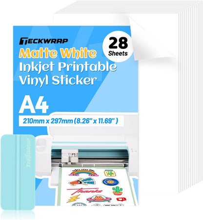 Printable Vinyl Sticker Paper for Inkjet Printer Matte White Printable Sticker Paper Waterproof 8.26" X 11.69" A4 Size 28Pcs/Pack for Photo, Scrapbooking, Craft Cutters