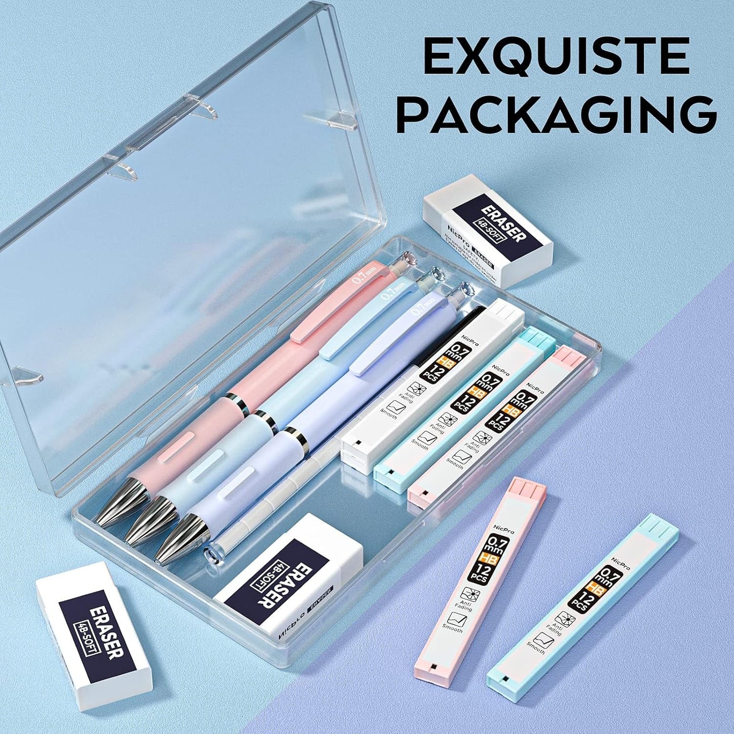 Nicpro 3PCS Cute Mechanical Pencil Set with Case, 0.7 Mm Pencils with 6 Tube HB Lead Refill, 3PCS Eraser, 9PCS Eraser Refill for School Supplies Student Writing, Drafting Drawing Sketching