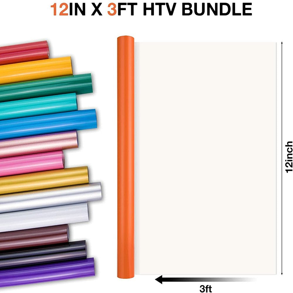 HTV Heat Transfer Vinyl Bundle (8 Pack) - 12"X 3FT HTV Vinyl Rolls Easy to Weed
