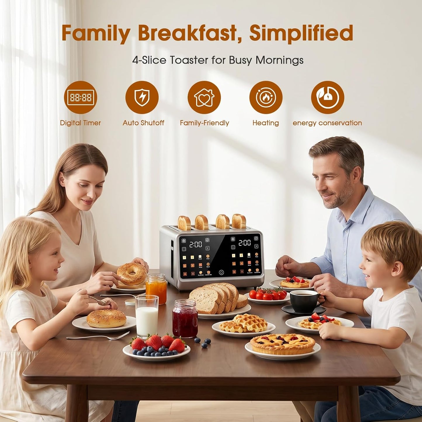 4 Slice Toaster with Dual Touchscreen, 1800W Stainless Steel Dual Zone Independent Control Extra Wide Slot 1.5 Inch, Smart Breadid Timer for Bagel Waffle, Kitchen Essentials