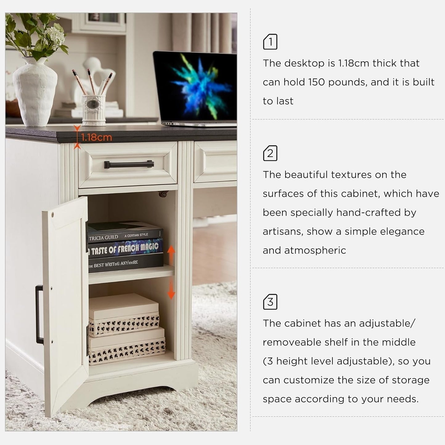 Farmhouse Wood 58" Executive Desk, Home Office 30" High Computer Desk with Drawers and Storage Cabinet, White