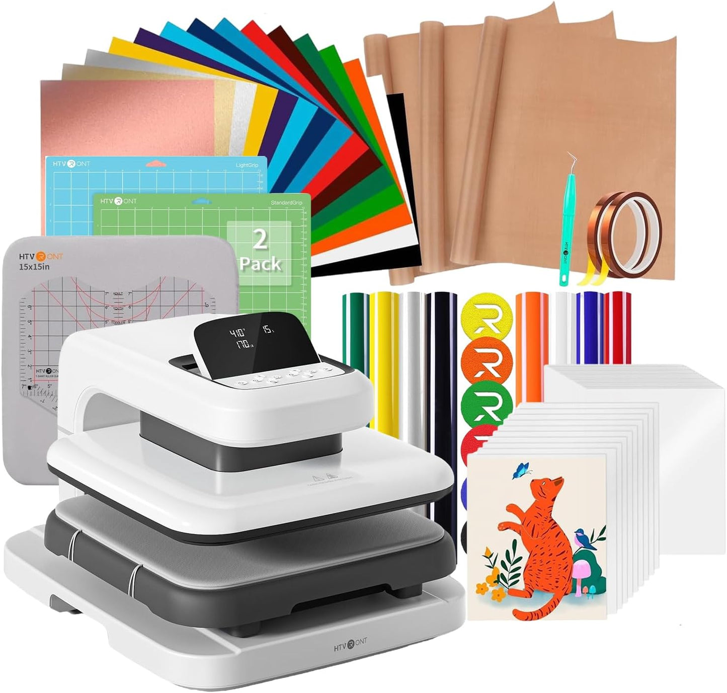 Automatic Heat Press Machine for T Shirts - Heat Press 15X15 with Adjustable Pressure & 55 Pack Heat Press Accessories & 2 Pcs Cutting Mat & 8 Pcs Puff Heat Transfer Vinyl