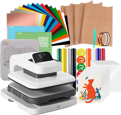 Automatic Heat Press Machine for T Shirts - Heat Press 15X15 with Adjustable Pressure & 55 Pack Heat Press Accessories & 2 Pcs Cutting Mat & 8 Pcs Puff Heat Transfer Vinyl