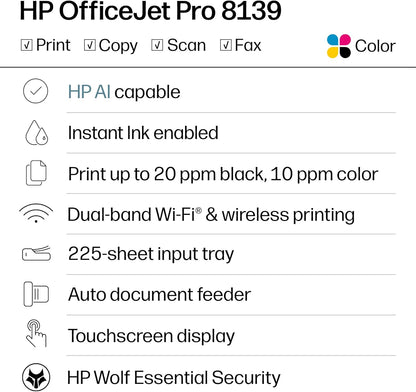 HP Officejet Pro 8139 Wireless All-In-One Color Inkjet Printer, Print, Scan, Copy, Fax, ADF, Duplex Printing Best-For-Home-Office, 1 Year Trial of Instant Ink Included, Ai-Capable (C2VK3A)