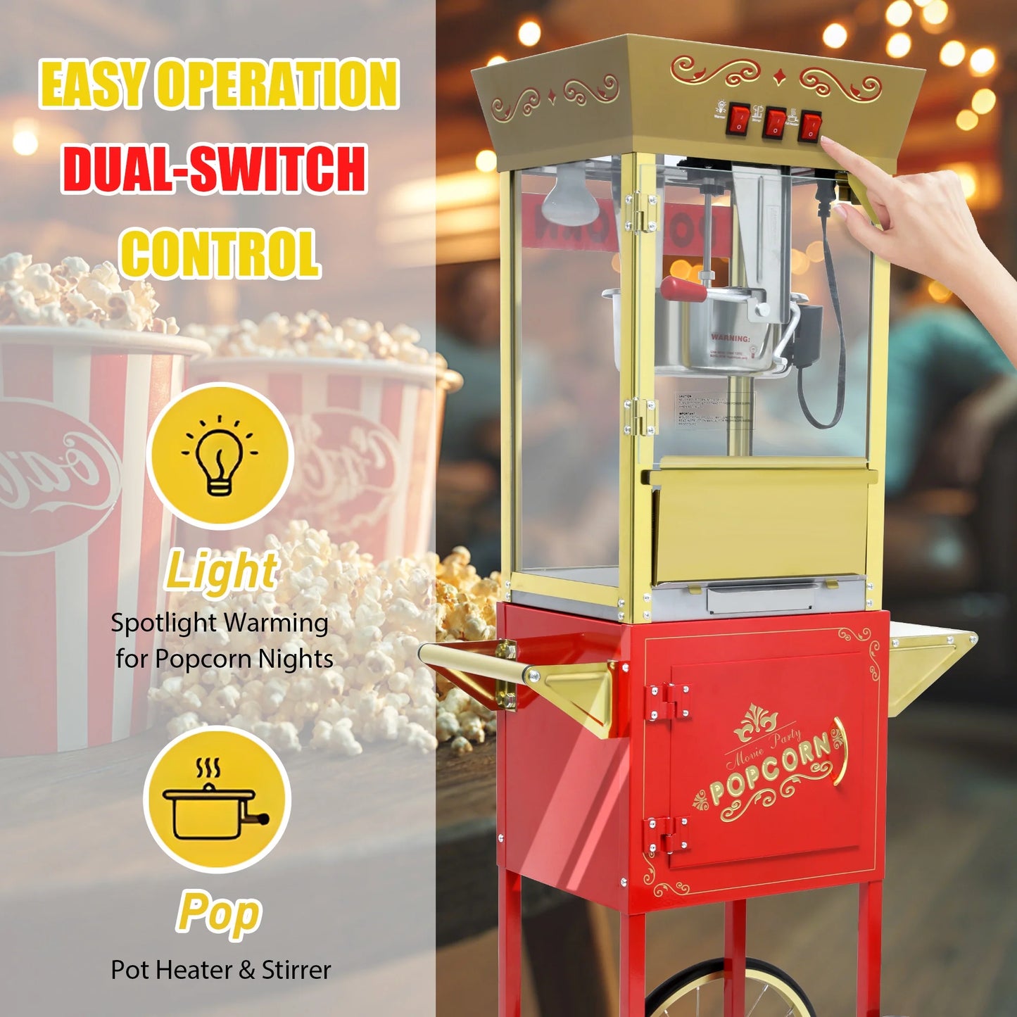 12OZ Popcorn Machine with Cart,  Movie Theater Popcorn Maker Machine with Stainless Steel Kettle, Tempered Glass, 8" Shelf, Popcorn Machine for Kids Party Home, Red