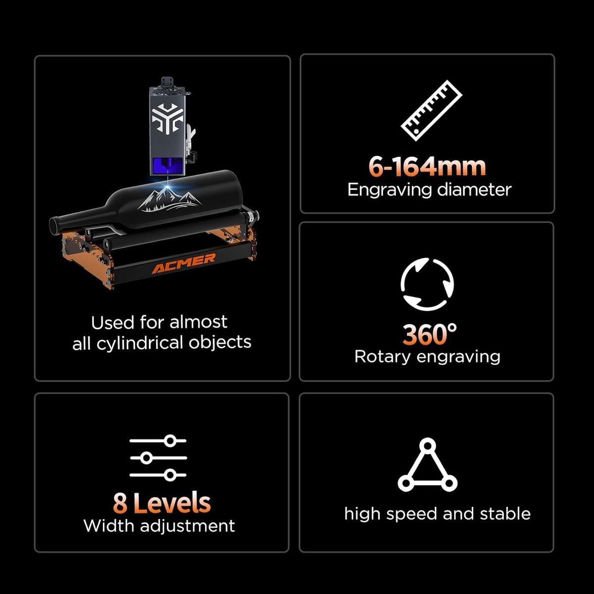 ACMER M3 Laser Rotary Roller, 360° Y-Axis Rotary Module for Cylindrical Engraving, Adjustable 6–164Mm Diameter, Compatible with ACMER P3/P2/P1/S2/S1/P1 S Pro and Most Laser Engravers