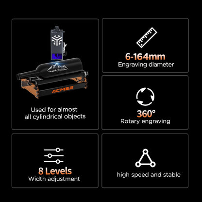 ACMER M3 Laser Rotary Roller, 360° Y-Axis Rotary Module for Cylindrical Engraving, Adjustable 6–164Mm Diameter, Compatible with ACMER P3/P2/P1/S2/S1/P1 S Pro and Most Laser Engravers