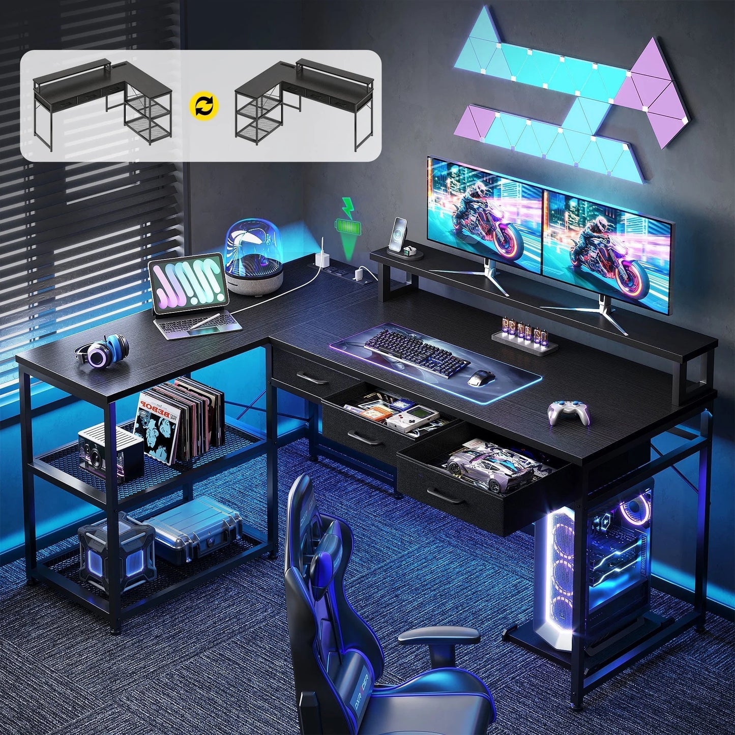 53 Inch Reversible L Shaped Desk with 3 Drawers, Computer Gaming Desk with Power Outlets & USB Ports, Monitor Stand for Home Office, Corner Desk with Large Storage Space, Modern Black