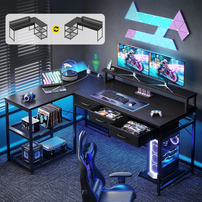 53 Inch Reversible L Shaped Desk with 3 Drawers, Computer Gaming Desk with Power Outlets & USB Ports, Monitor Stand for Home Office, Corner Desk with Large Storage Space, Modern Black