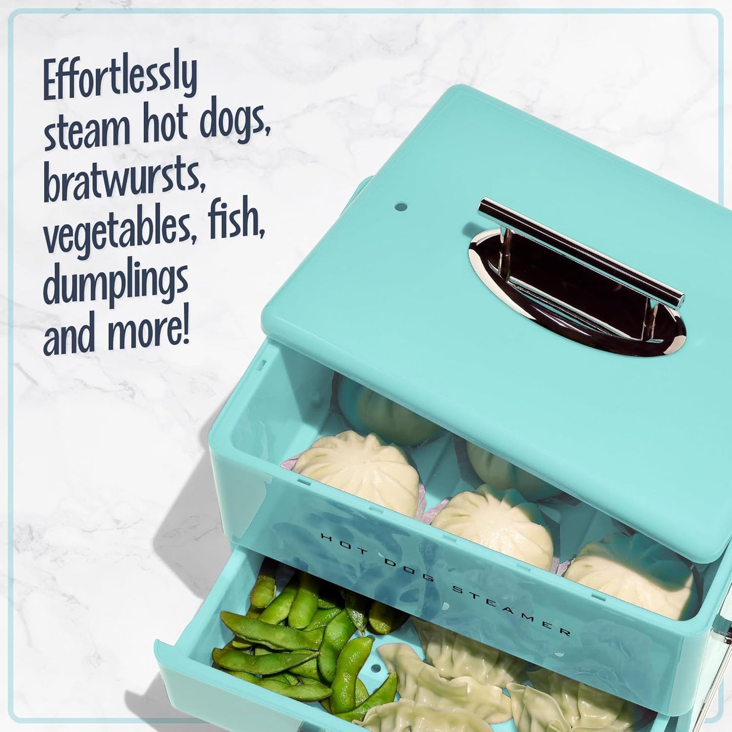 Nostalgia Extra Large Diner-Style Steamer, 20 Hot Dogs and 6 Bun Capacity, Perfect for Breakfast Sausages, Brats, Vegetables, Fish, Aqua