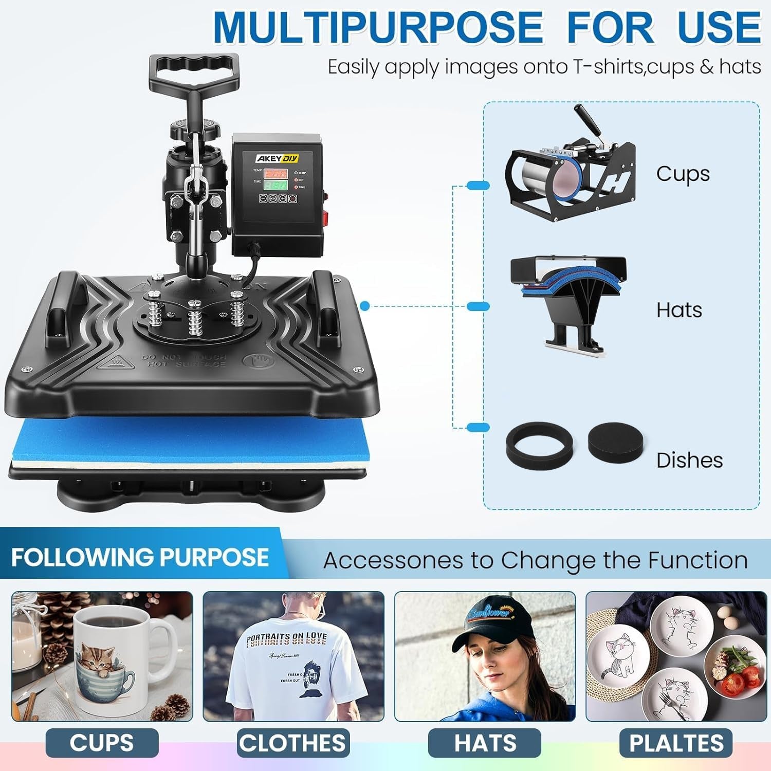 Heat Press Machine for Tshirts, 5 in 1 Heat Transfer Machine, 12" X 15" Heat Printing Press for Sublimation Combo with 360 Degree Rotation Swing Away for T-Shirt Hat Cap Mug Plate, Blue Black