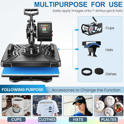 Heat Press Machine for Tshirts, 5 in 1 Heat Transfer Machine, 12" X 15" Heat Printing Press for Sublimation Combo with 360 Degree Rotation Swing Away for T-Shirt Hat Cap Mug Plate, Blue Black