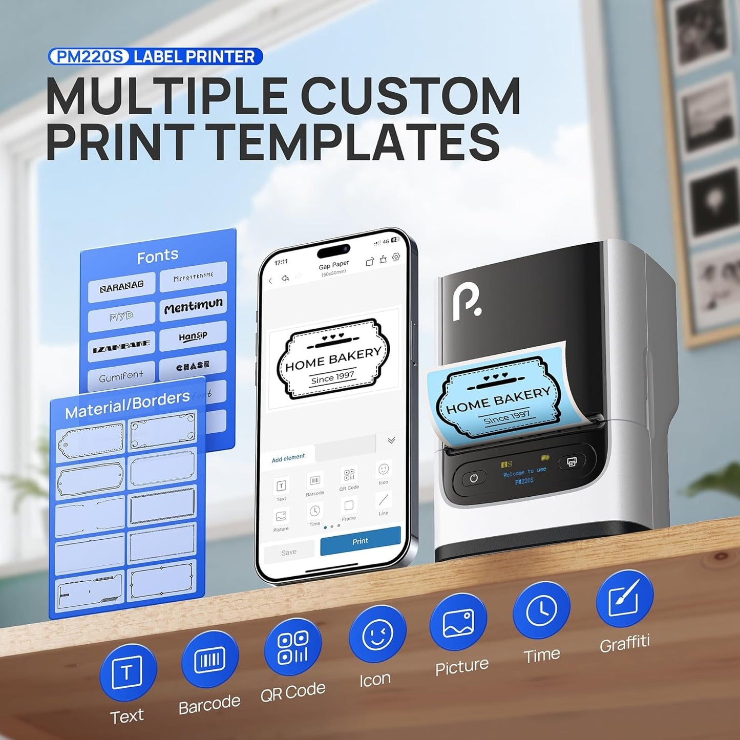 PM220S Label Maker Machine with Tape, 2 Inch Bluetooth Thermal Label Printer, Portable Sticker Printer for School, Office, Home, Business, Label Maker with 2'' X1.18'' Labels, White